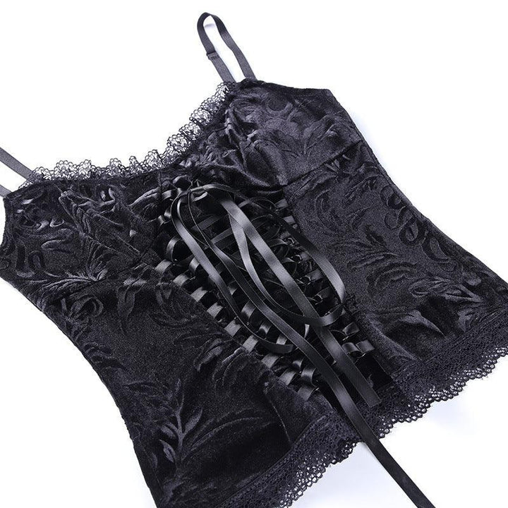 details of black gothic vintage lace trim cami top