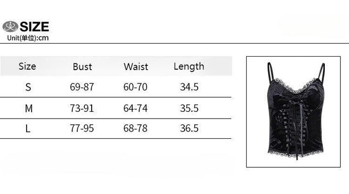 size chart of black gothic vintage lace trim cami top