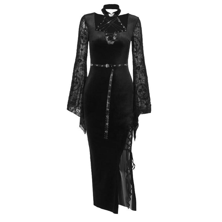 a black long sleeve gothic lace velvet dress