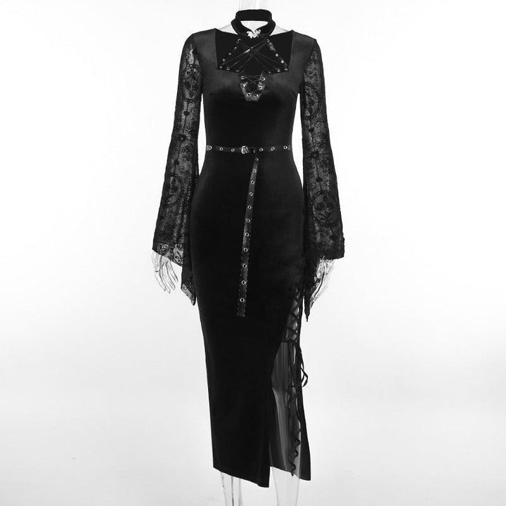 details of a black long sleeve gothic lace velvet dress