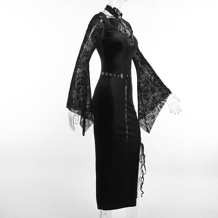 details of a black long sleeve gothic lace velvet dress