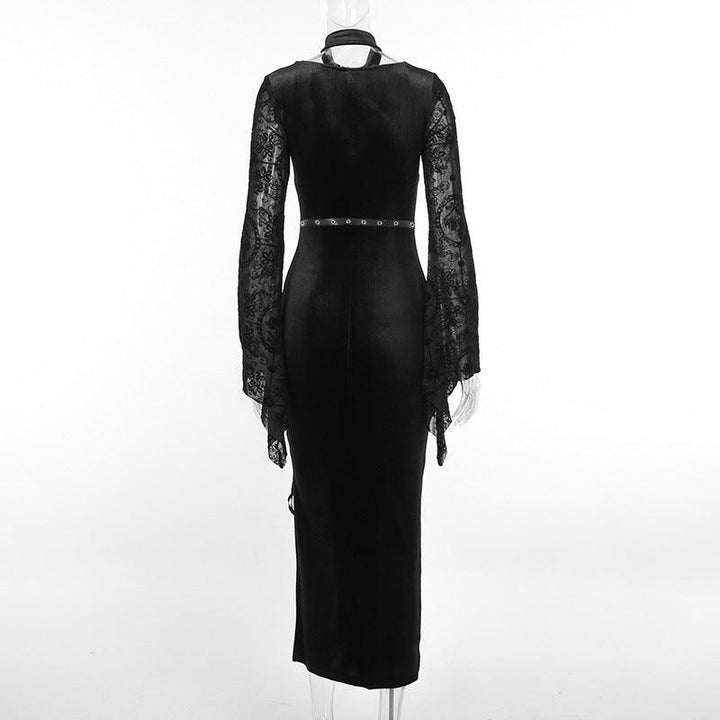 details of a black long sleeve gothic lace velvet dress