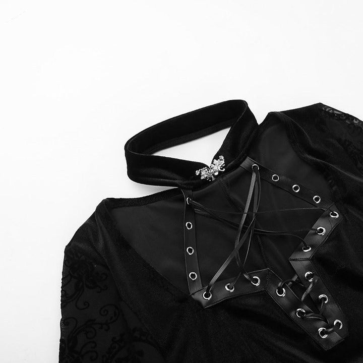 details of a black long sleeve gothic lace velvet dress