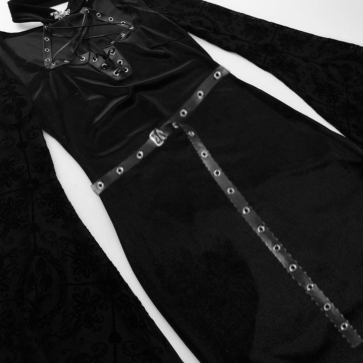 details of a black long sleeve gothic lace velvet dress