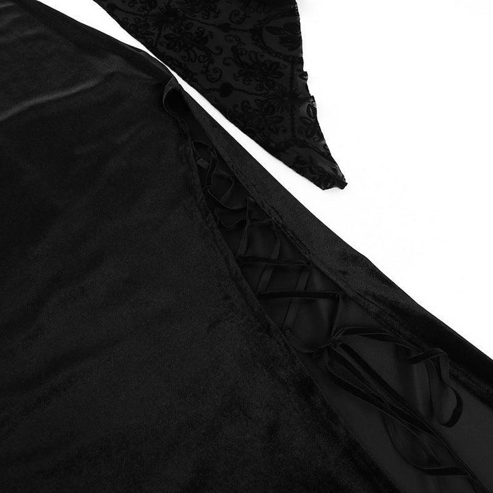 details of a black long sleeve gothic lace velvet dress