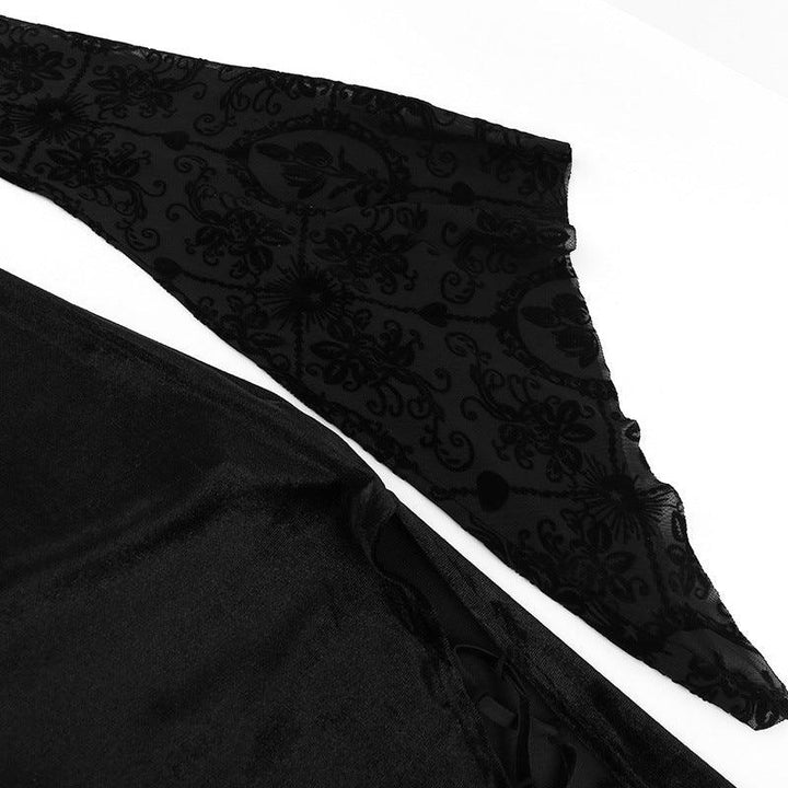 details of a black long sleeve gothic lace velvet dress