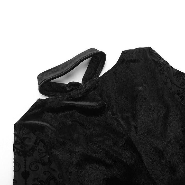 details of a black long sleeve gothic lace velvet dress