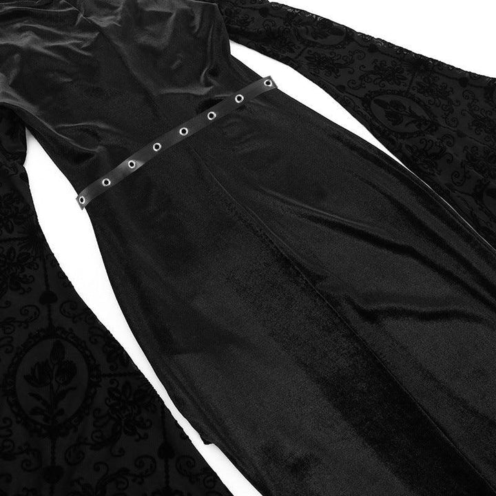 details of a black long sleeve gothic lace velvet dress