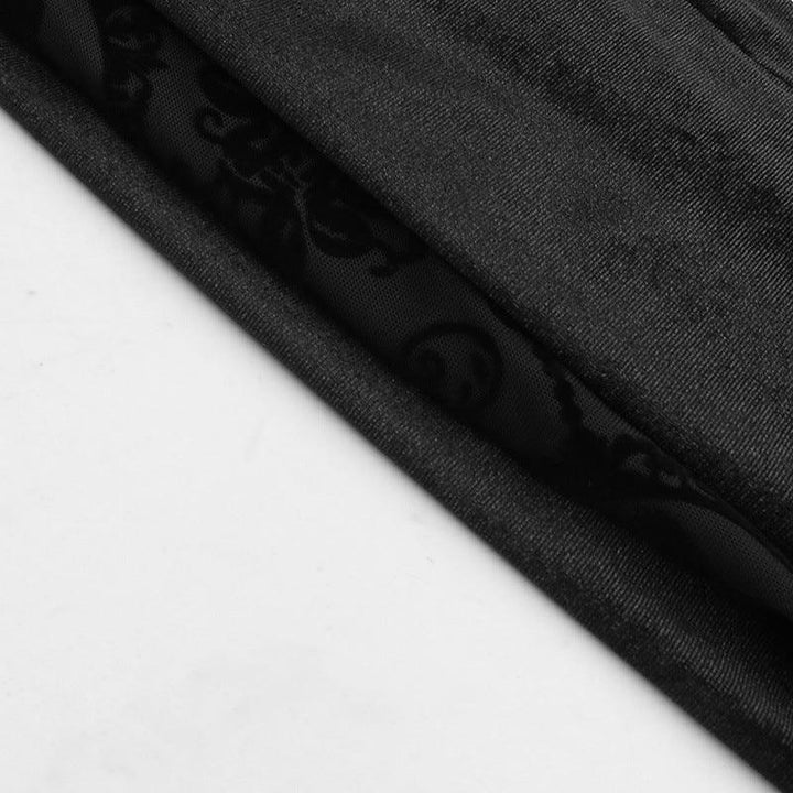 details of a black long sleeve gothic lace velvet dress