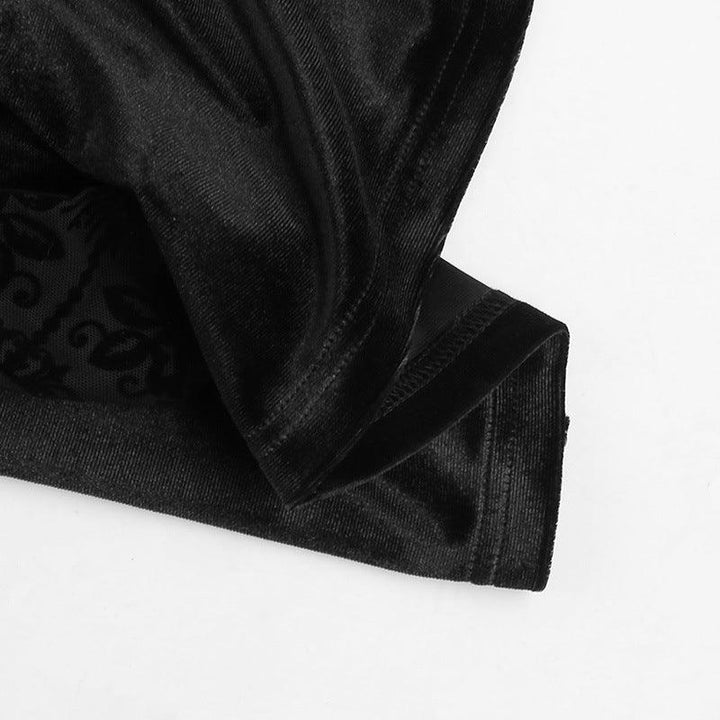 details of a black long sleeve gothic lace velvet dress