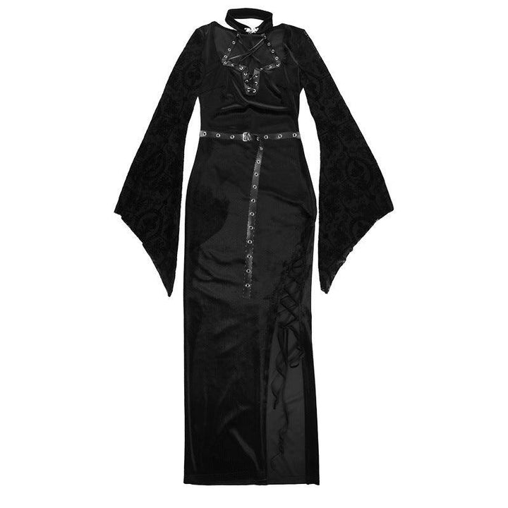 details of a black long sleeve gothic lace velvet dress