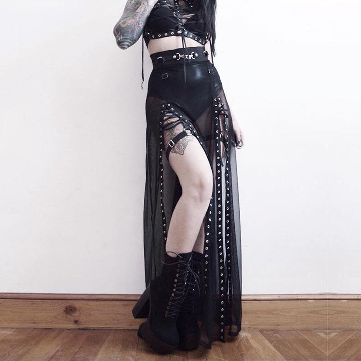 a woman wear a black sexy gothic half body long dress