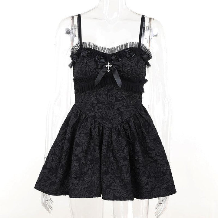 details of a black sleeveless gothic lace short dress