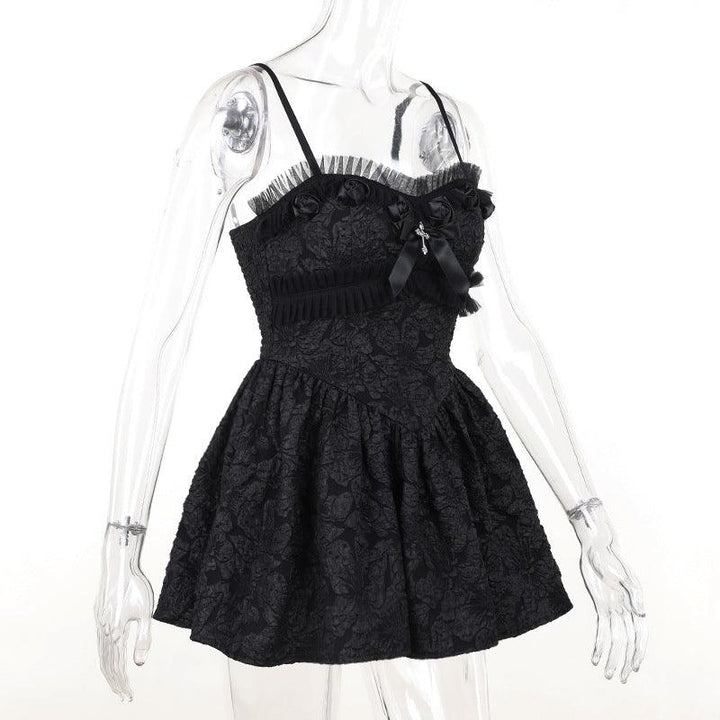 details of a black sleeveless gothic lace short dress