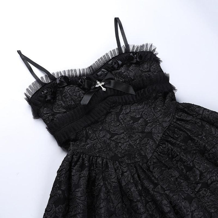 details of a black sleeveless gothic lace short dress