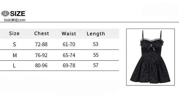 size chart of a black sleeveless gothic lace short dress