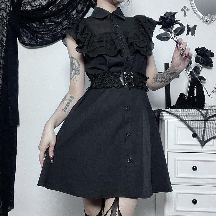 a woman wear a black sleeveless polo gothic lolita short dress