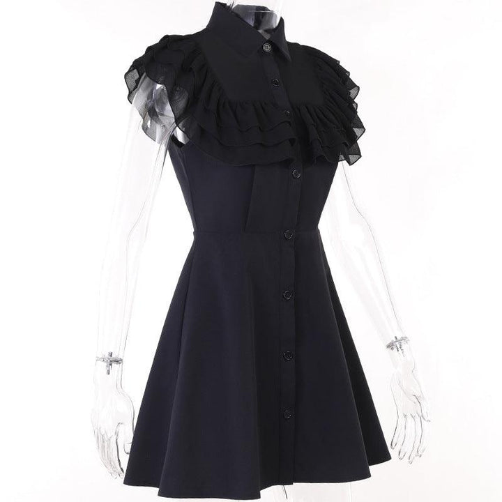 details of a black sleeveless polo gothic lolita short dress