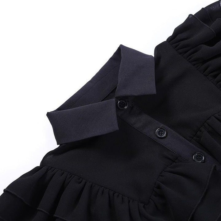 details of a black sleeveless polo gothic lolita short dress