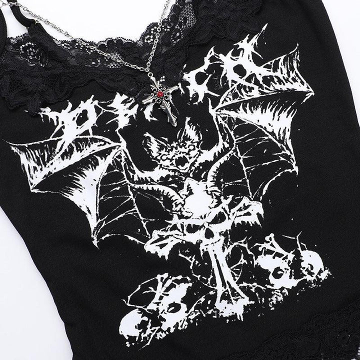 details of a black bat print sleeveless tank top