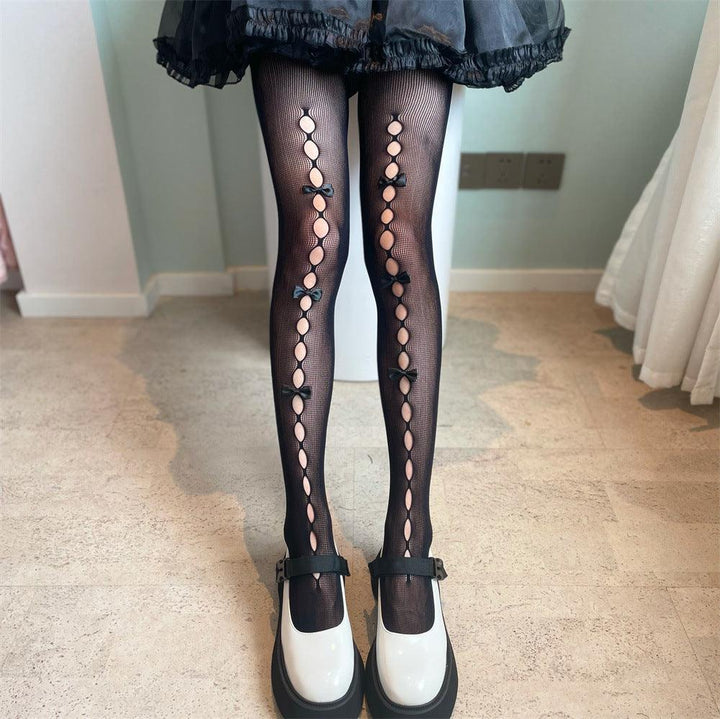 details of bowknot pantyhose hollow lolita sexy black silk bottoms