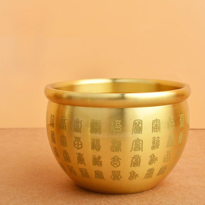 details of brass wealth treasure bowl ornament with five elements crystal stones