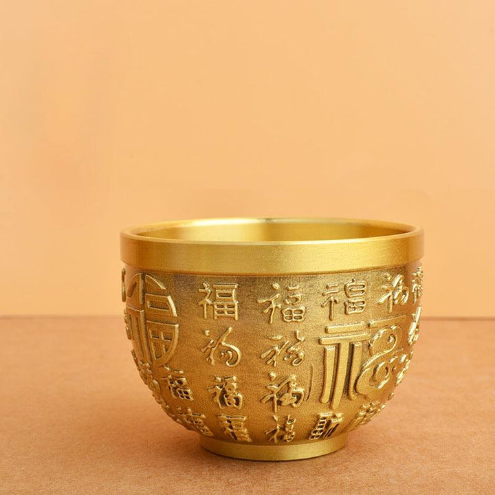 details of brass wealth treasure bowl ornament with five elements crystal stones