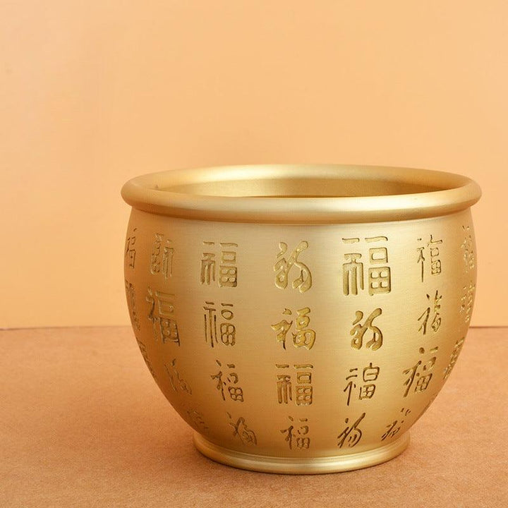 details of brass wealth treasure bowl ornament with five elements crystal stones