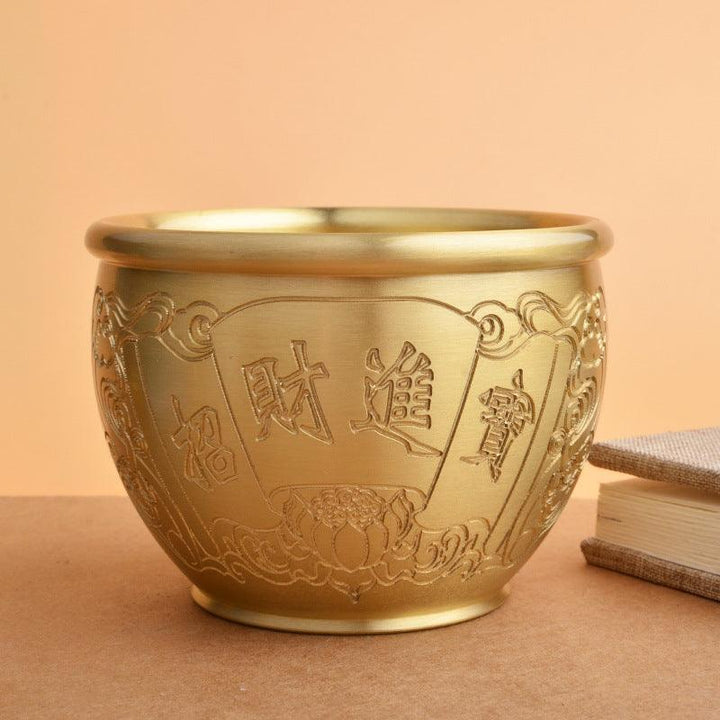 details of brass wealth treasure bowl ornament with five elements crystal stones