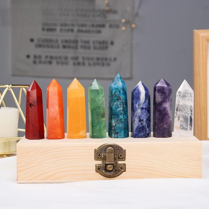 candy colored hexagonal energy crystal tower wooden box gift set