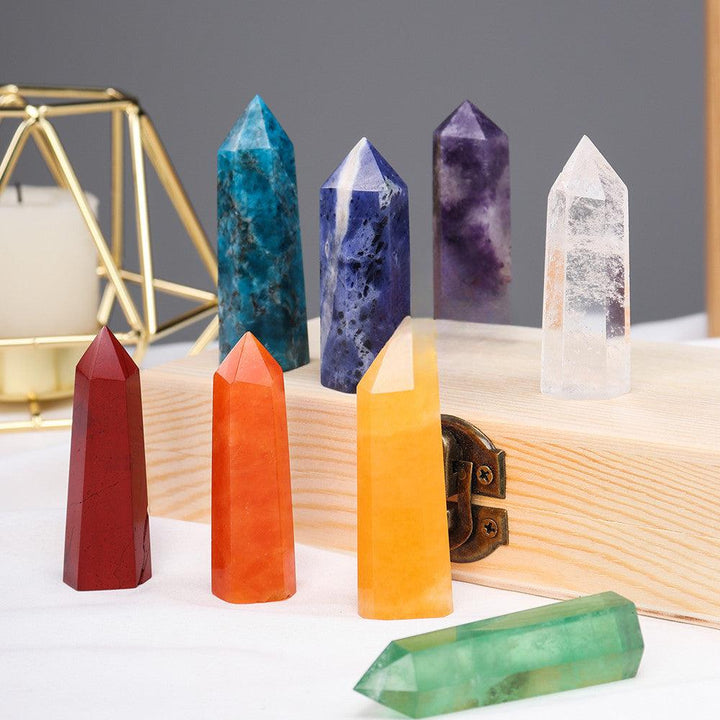 candy colored hexagonal energy crystal tower wooden box gift set