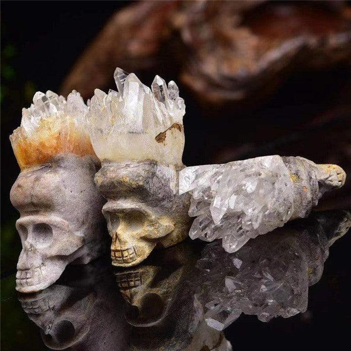 details of clear crystal cluster skull and bones ornament