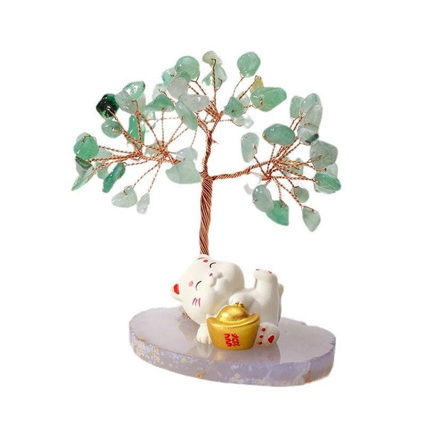 crystal bonsai tree of life with lucky cat figurine and agate base