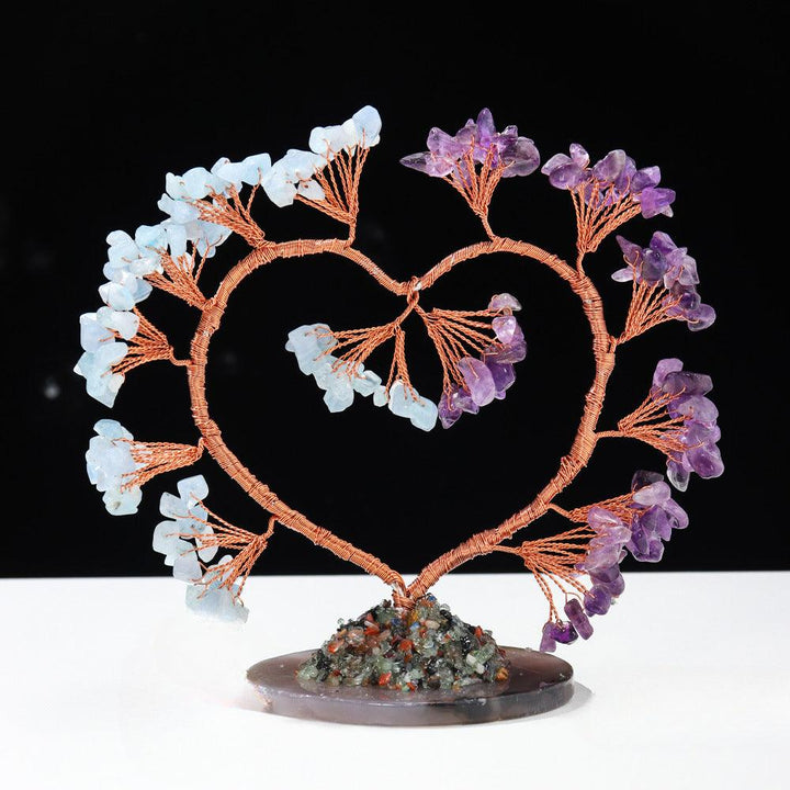 aquamarine and amethyst crystal heart shaped bonsai tree with agate base