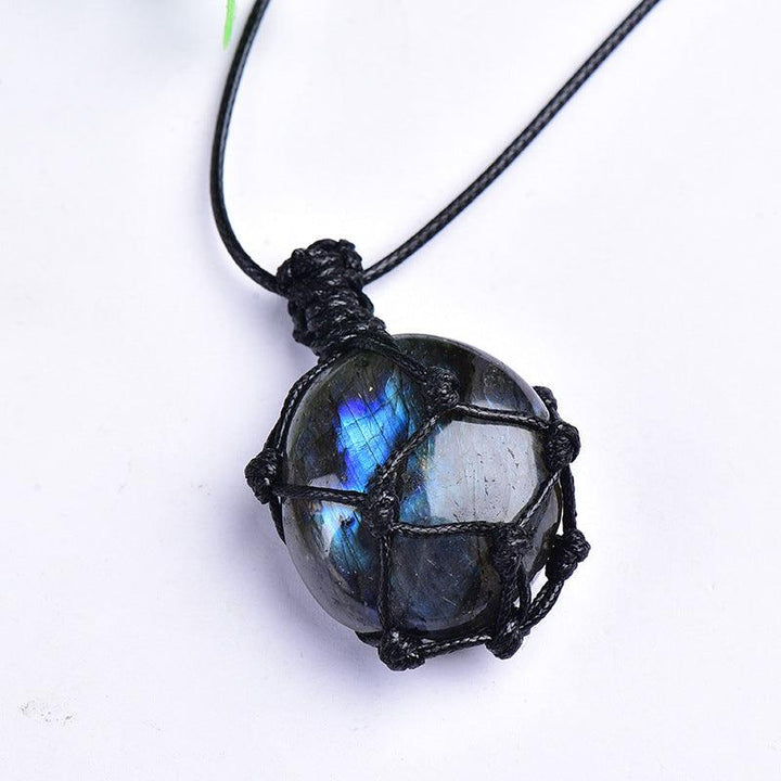 details of crystal labradorite mesh pendant blue moonstone necklace