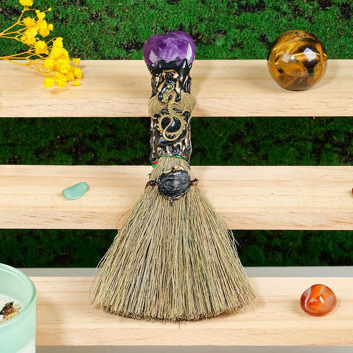 details of crystal magic broom raw stone heart shaped witchcrafts broom