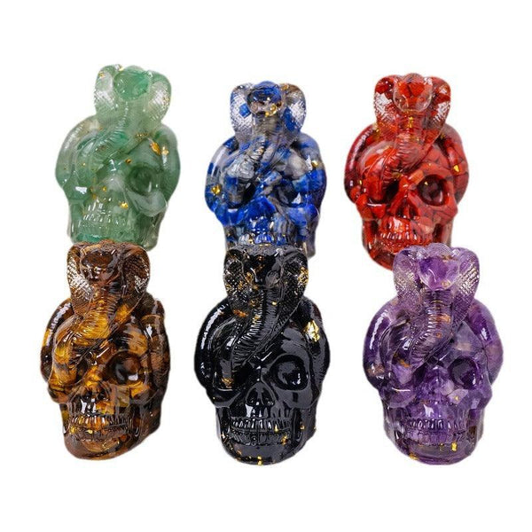 crystal snake wrapped skull resin ornament