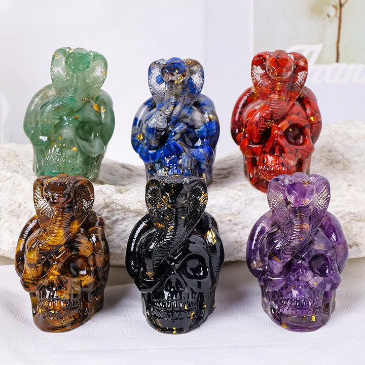 six crystal snake wrapped skull resin ornament