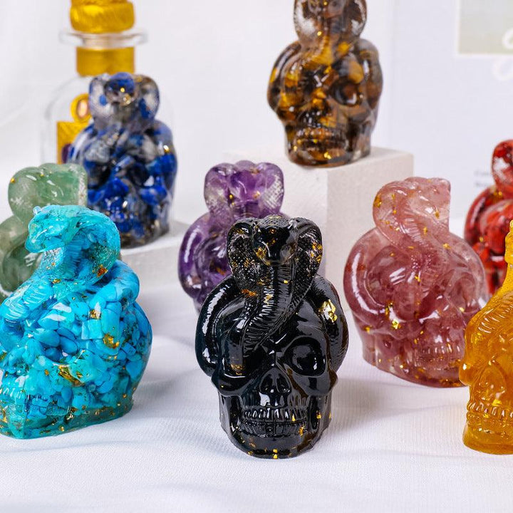 nine crystal snake wrapped skull resin ornament