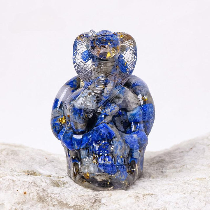 lapis lazuli crystal snake wrapped skull resin ornament