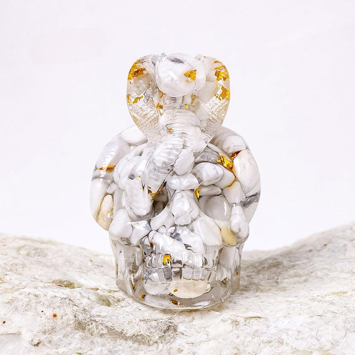 White Turquoise crystal snake wrapped skull resin ornament