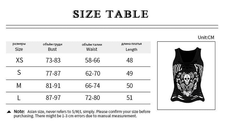 size chart of a dark gothic casual camisole sleeveless tank top