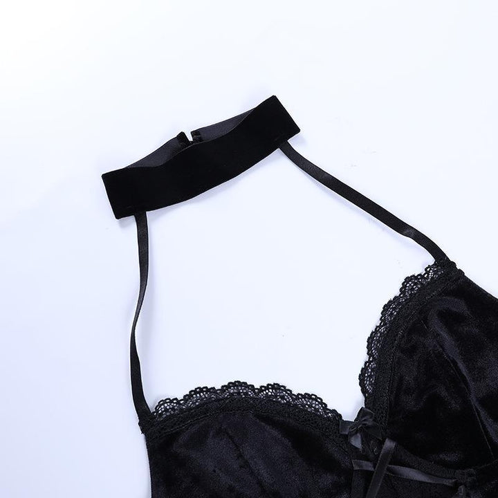 details of a dark gothic lace velvet sleeveless top vest