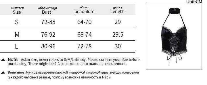 size chart of a dark gothic lace velvet sleeveless top vest