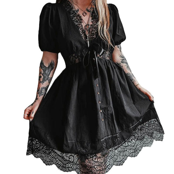 a woman wear an elegant slim pleated black lace gothic long dress