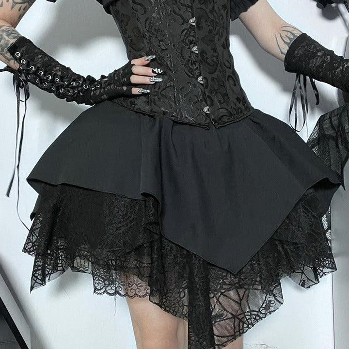 a woman wear a goth black dark lace short dress