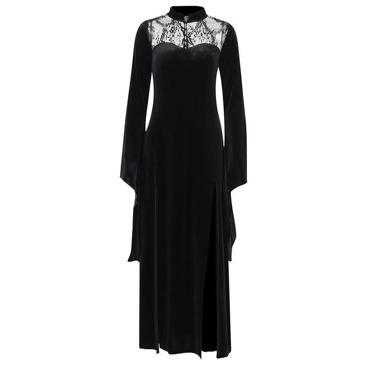 goth black lace panel long dress