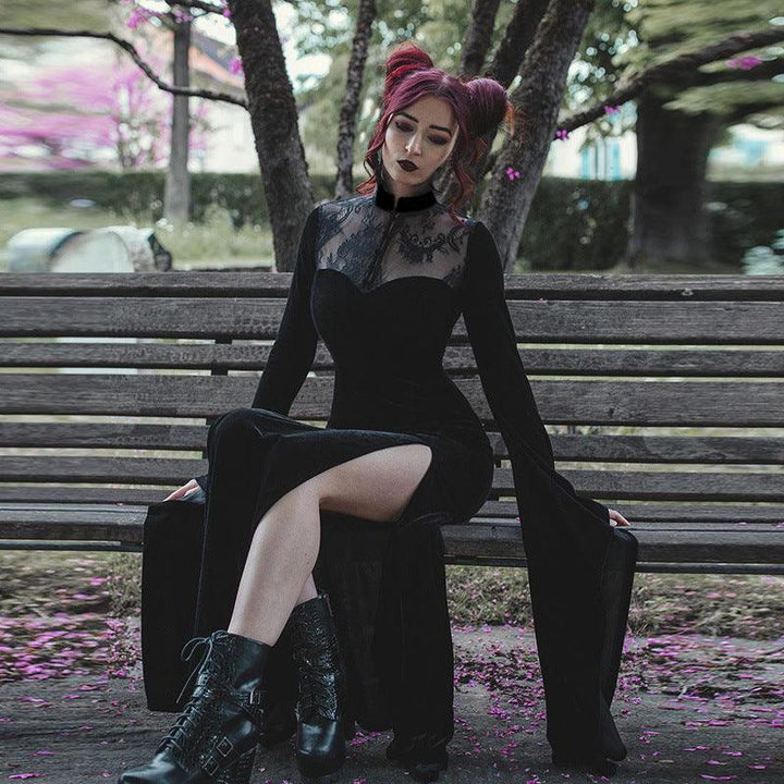 a woman wear a goth black lace panel long dress