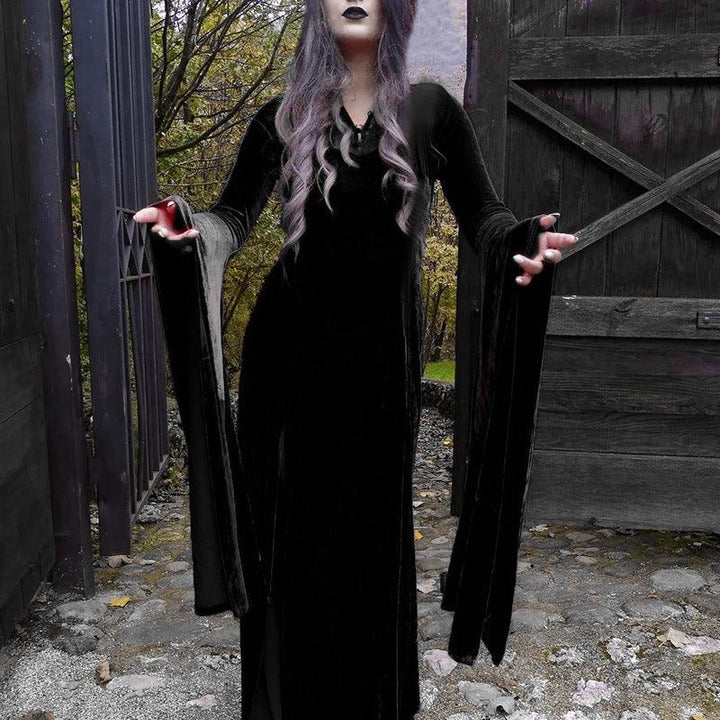 goth black lace panel long dress