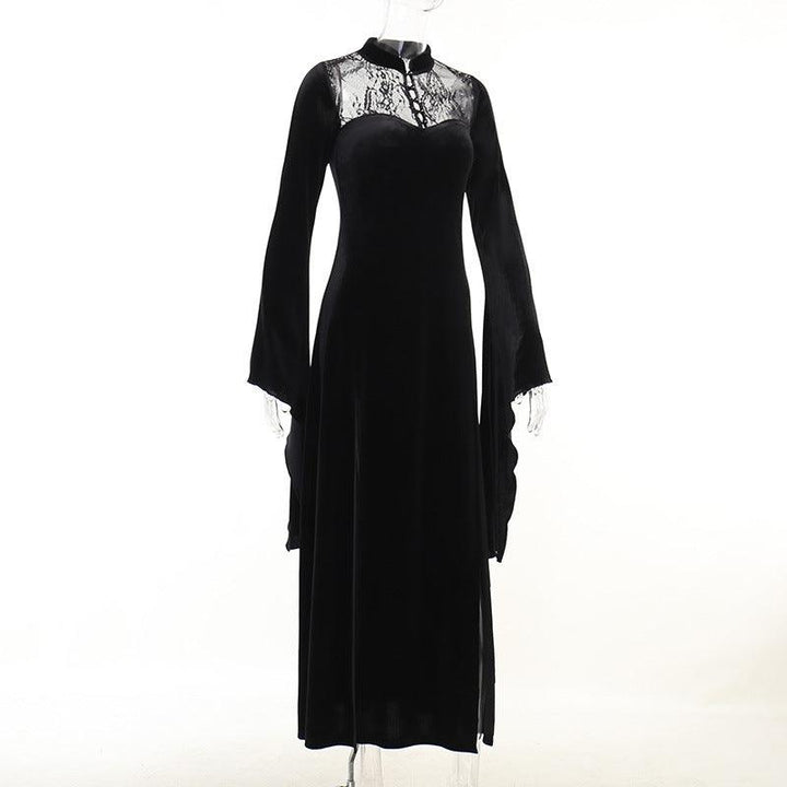 details of goth black lace panel long dress